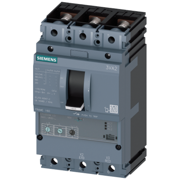 Picture of Circuit breaker 3VA2 IEC Frame 250 breaking capacity class C Icu=110 kA @ 415 V 3-pole, motor protection ETU350M, LSI, In=160 A overload protection Ir=63 A...160 A