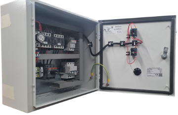 Show details for 11kW Star Delta Starter, Trip Class 20 Photo of the inside of an 11kw star delta starter panel
