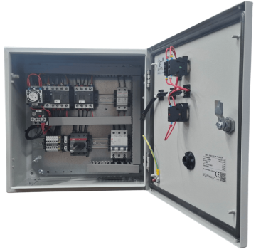 Show details for 15kW Star Delta Starter, Trip Class 20 Photo of the inside of a 15kw star delta starter panel
